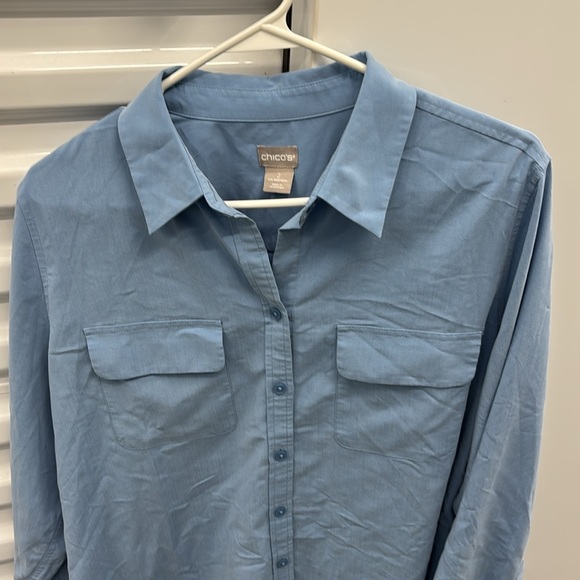 Chico's Sky Blue Button-Up Blouse Flap Pockets LS Modal Polyester Blend 2 (12-14 - Picture 3 of 16